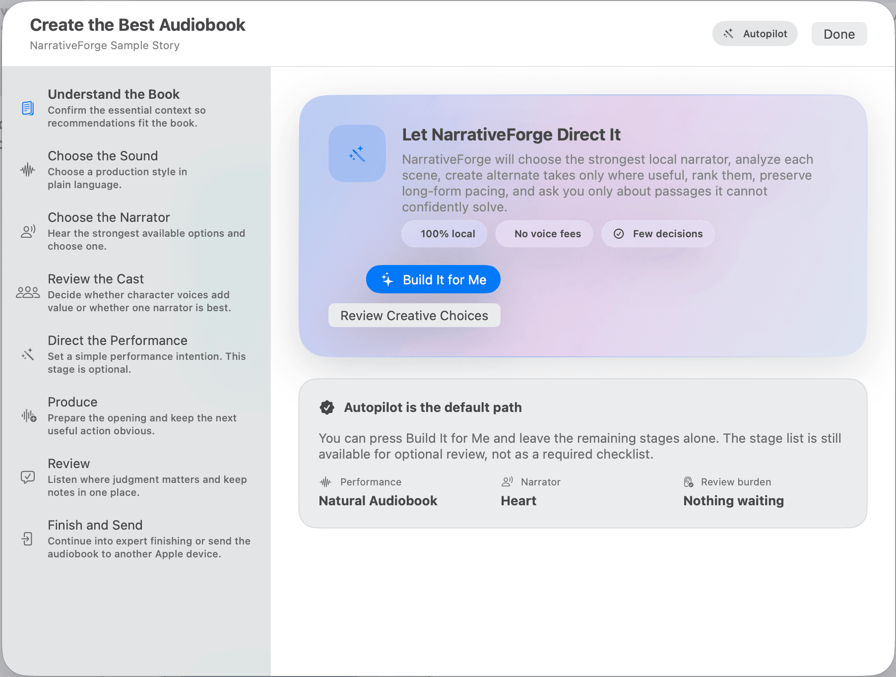 NarrativeForge audiobook flow showing an Autopilot path that can direct the production, choose a local narrator, and reduce review burden.